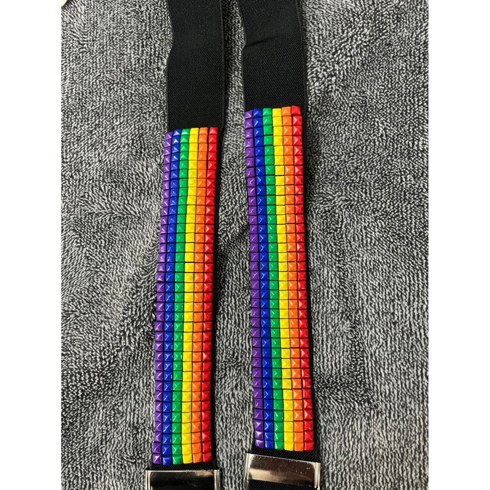 Mens Rainbow Pyramid Studded Suspenders Black Elastic Y-Back Pride Punk Goth - Picture 3 of 4